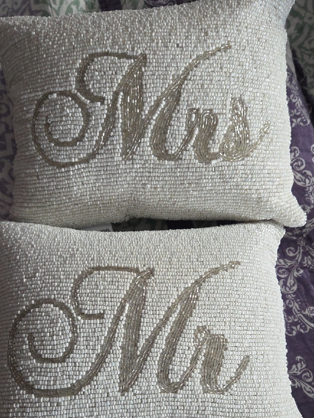 Beaded Mr. and Mrs. Decorative Pillows